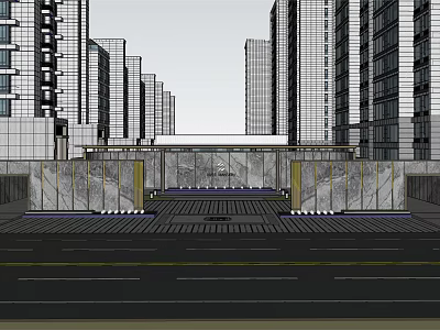 Modern Entrance Gate With Stone Clad Design Amidst Tall Urban Buildings 3d model