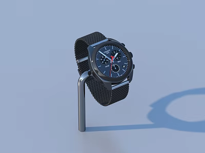 Stylish Black Wristwatch With Mesh Strap On Metal Stand Against Light Blue Background 3d model