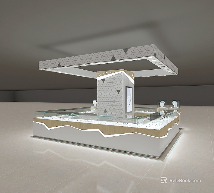 Modern Boutique Store Interior With Glass Display Counter And Geometric Ceiling Decoration 3d model 