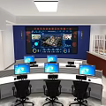 Monitoring Room With Multiple Computer Monitors And Large Digital Display Control Consoles