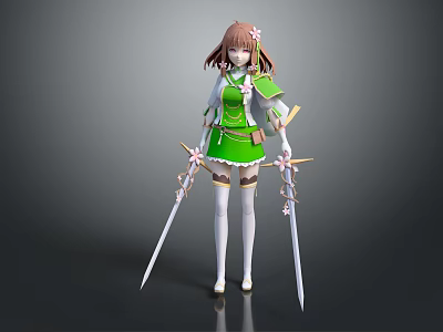 Fantasy Female Warrior Character With Green Outfit Flower Hair Accessories And Dual Swords 3d model