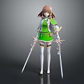 Fantasy Female Warrior Character With Green Outfit Flower Hair Accessories And Dual Swords