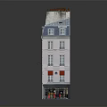 Light Pink Multi Storey Residential Building With Blue Roof Red Awnings And Ground Floor Shops