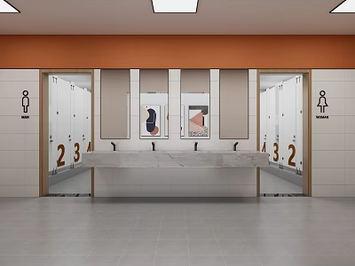 Public Restroom Interior With Orange White Tiles Male Female Signs Stalls And Mirrors 3d model