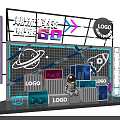 Cyber Tech Exhibition Display With Astronaut Rocket Neon Lights And Grid Background 3d model