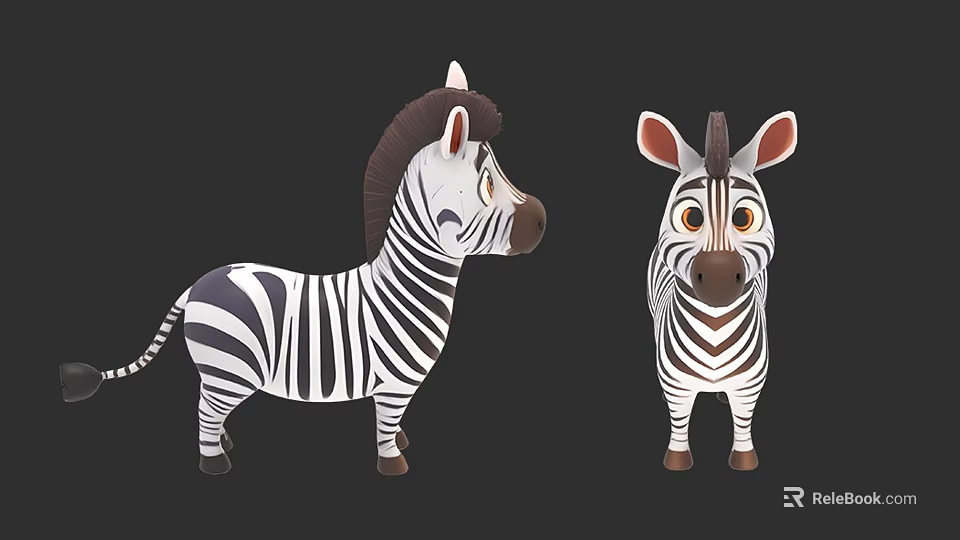 Two Cute Cartoon Zebras With Black White Stripes Front Side View 3d model 