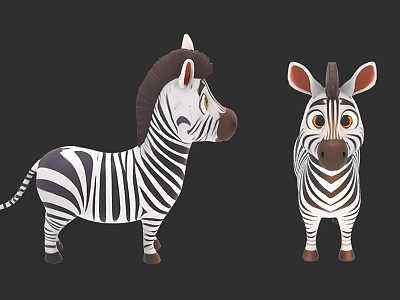 Two Cute Cartoon Zebras With Black White Stripes Front Side View 3d model