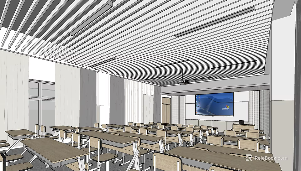 Modern School Classroom Interior With Desks Chairs And Large Projection Screen 3d model 