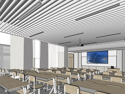 Modern School Classroom Interior With Desks Chairs And Large Projection Screen 3d model
