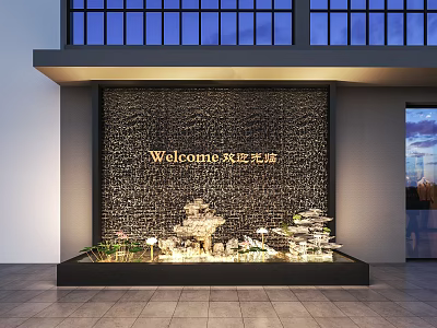 Modern Entrance With Welcome Sign Water Feature Stone Decorations And Lighting 3d model