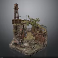 Detailed Miniature Scene Model With Rocky Terrain Lighthouse Boat Palm Trees And Wooden Structures