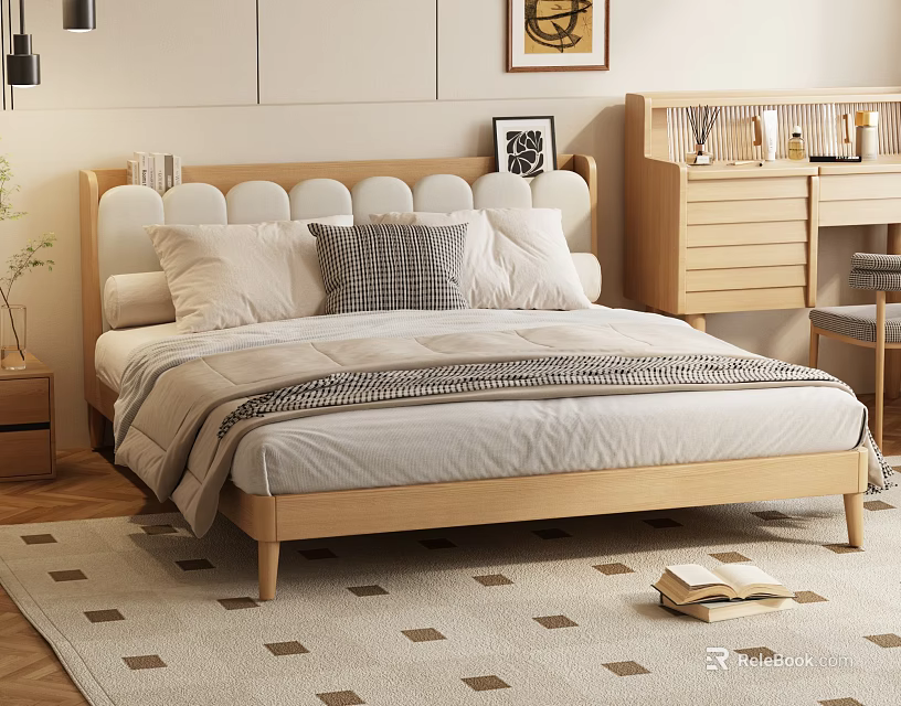 Modern Wooden Double Bed With Rounded Headboard Pillows And Blanket On Patterned Rug 3d model 