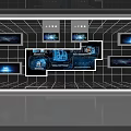 Futuristic Digital Background Wall With Grid Pattern Multiple Screens And Blue Interfaces 3d model