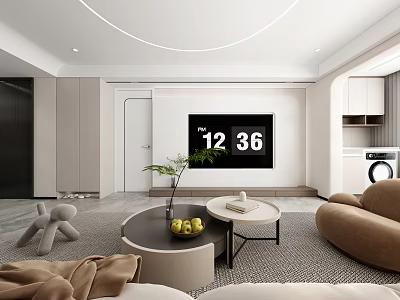 Modern Living Dining Room Interior With Sofa Coffee Table TV Plants And Circular Ceiling 3d model