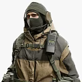 Men in Camouflage Uniforms Wearing Helmets Masks with Backpacks Gear Displayed Front Back Angles