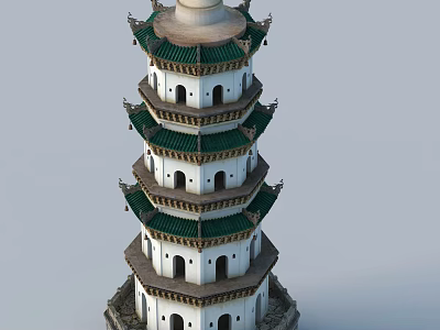 Traditional Multi Tiered Pagoda with Green Tiled Roofs White Walls and Stone Base 3d model