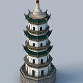 Traditional Multi Tiered Pagoda with Green Tiled Roofs White Walls and Stone Base