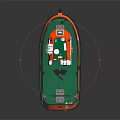 Orange and Red Tugboat with Green Deck Cabin and Mast Equipment