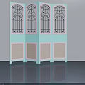 Light Blue Folding Screen Door With Black Iron Scrollwork And Beige Woven Panels