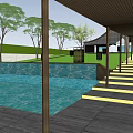 Traditional Garden Landscape Design With Black Roof Buildings Green Lawns And Water Features