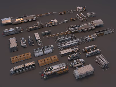 Display Of Various Industrial Machinery Components Modules Containers And Transport Units 3d model