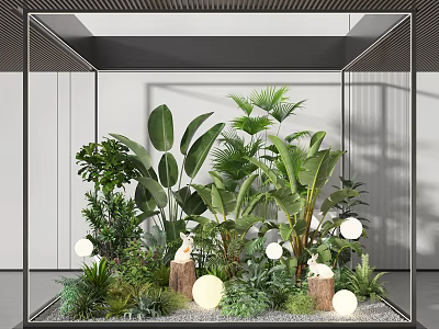 Indoor Green Plants In Glass Case With Large Leaves Shrubs Wooden Stumps And Round Lamps 3d model