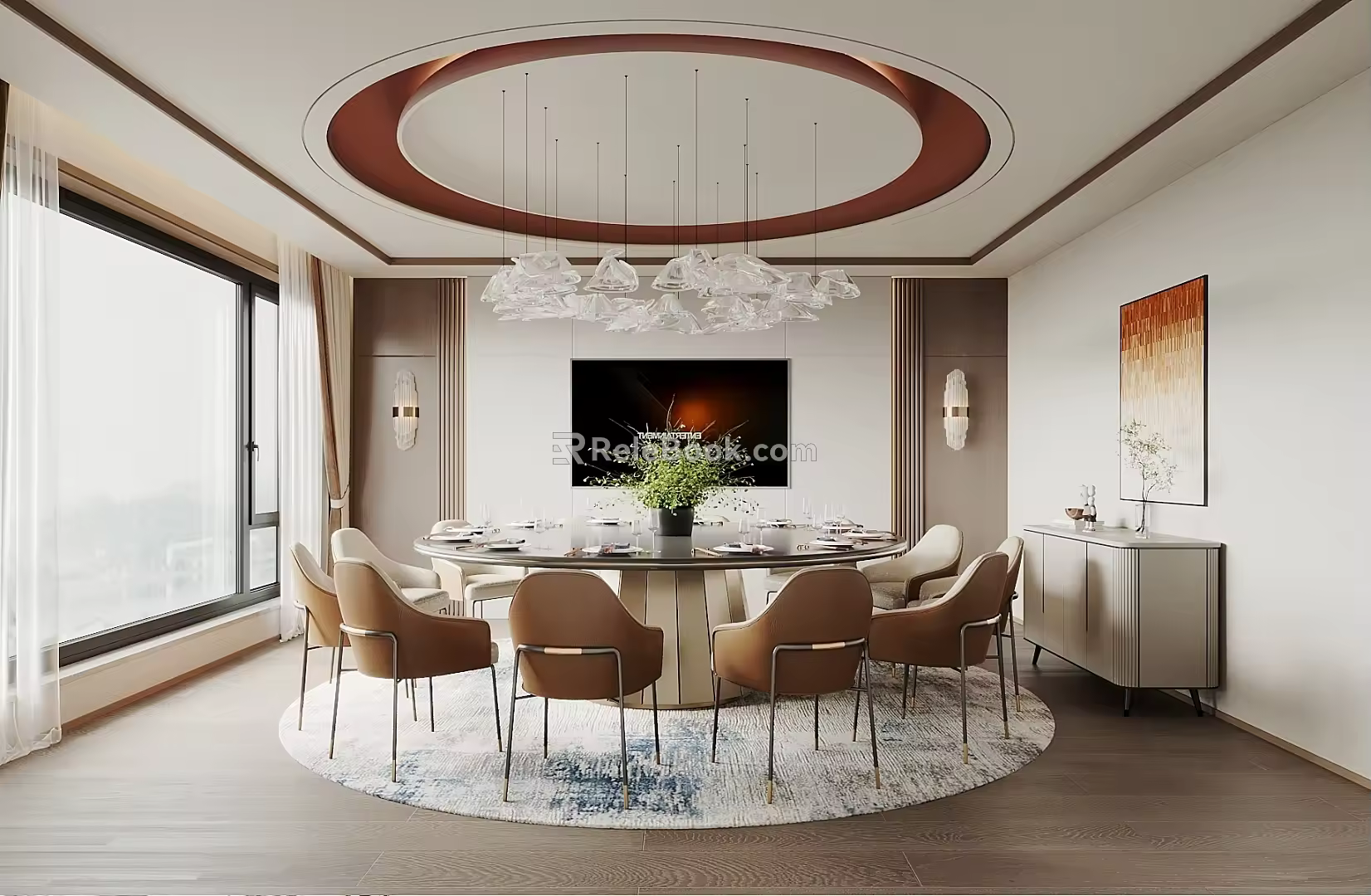 Box Restaurant Room Large Box Sideboard Round Dining Table and Chair Chandelier TV Background Wall 3d model