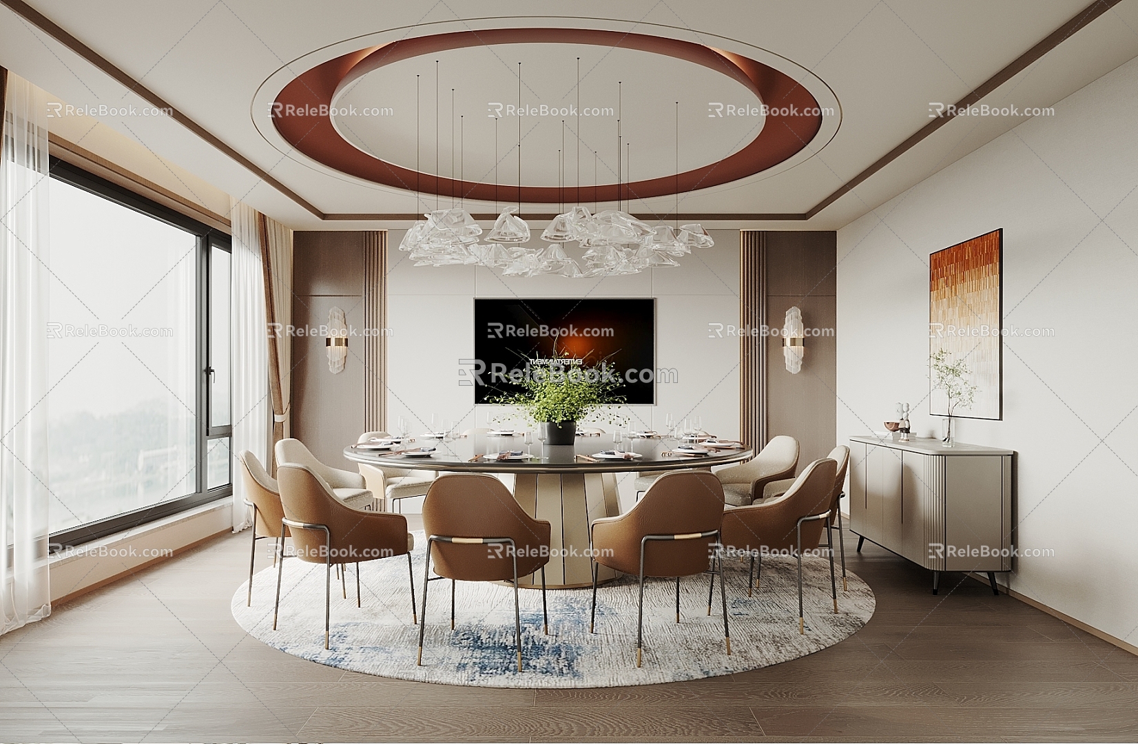 Box Restaurant Room Large Box Sideboard Round Dining Table and Chair Chandelier TV Background Wall 3d model