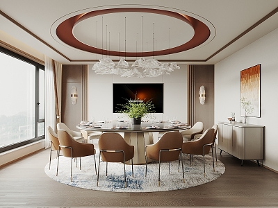 Box Restaurant Room Large Box Sideboard Round Dining Table and Chair Chandelier TV Background Wall 3d model