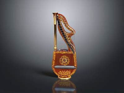 Elegant Classical Harp Decorative Household Item With Golden Accents And Carved Design 3d model