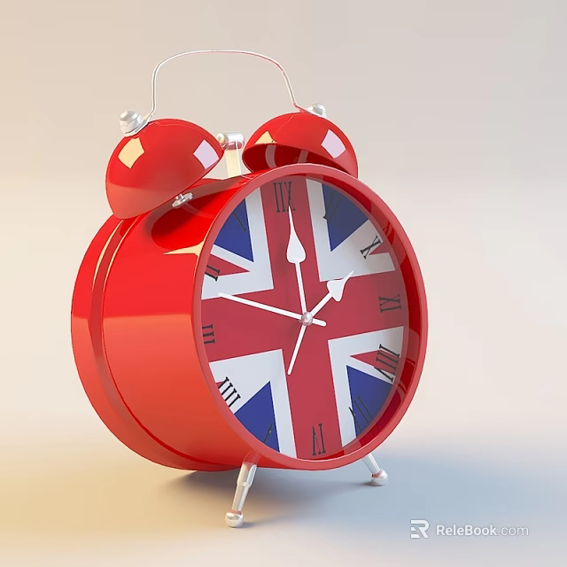 Red Alarm Clock With Union Jack Dial Roman Numerals Silver Stand And Double Bells 3d model 