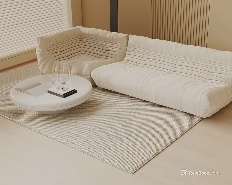 Cream Colored Three Seater Sofa In Modern Living Room With Round Coffee Table And Books 3d model 