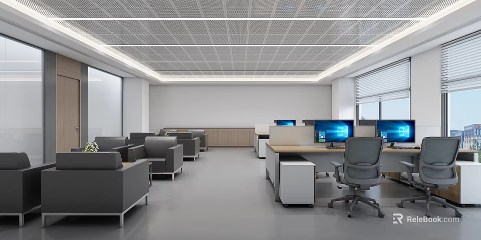 Modern Public Office Space with Office Desks Computers and Comfortable Sofas 3d model 