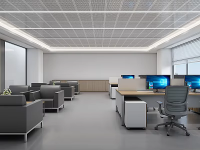 Modern Public Office Space with Office Desks Computers and Comfortable Sofas 3d model