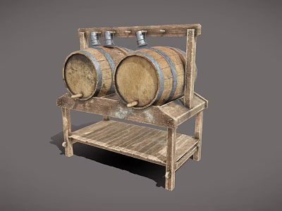 Sturdy Vintage Wooden Barrel Rack With Two Barrels And Lower Shelf 3d model