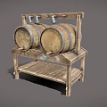 Sturdy Vintage Wooden Barrel Rack With Two Barrels And Lower Shelf