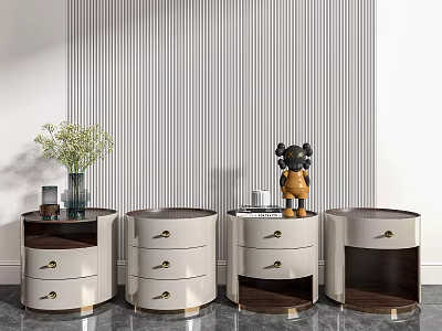 Modern White And Dark Wood Bedside Tables With Drawers Metal Handles And Decorative Accents 3d model