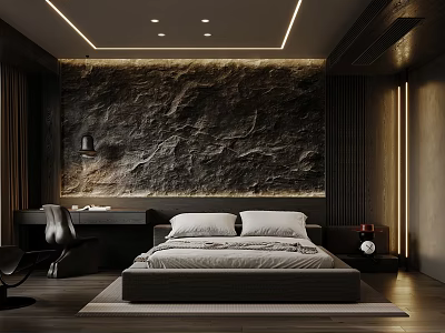 Modern Bedroom Interior With Textured Stone Wall Ceiling LED Lights And Minimalist Bed 3d model
