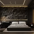 Modern Bedroom Interior With Textured Stone Wall Ceiling LED Lights And Minimalist Bed