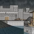 Medieval Castle With Multiple Towers Surrounded By Mountains And Water Scene