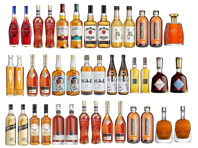 Various Wine Bottles And Glasses Collection With Different Colors And Shapes 3d model