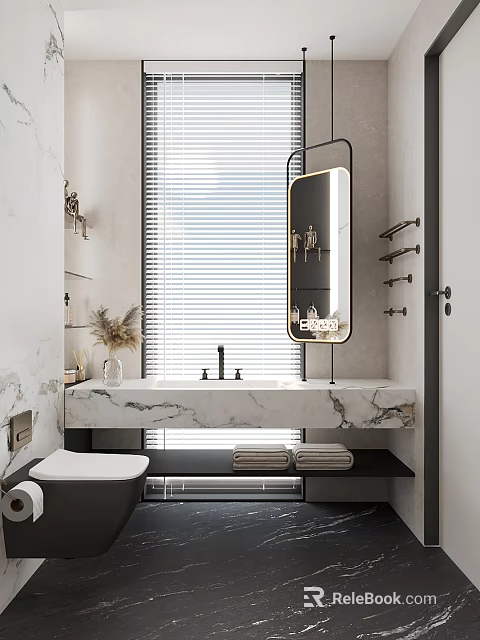 Modern Minimalist Bathroom With Marble Floating Vanity And Stylish Standing Mirror For Home Interior Design 3d model 