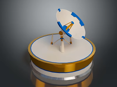 White and Blue Satellite Dish With Yellow Support Bracket On Circular Gold Trim Base 3d model
