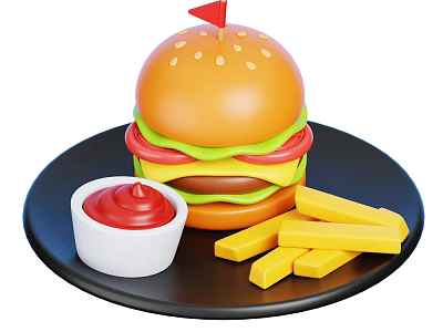 Tasty Juicy Hamburger With Crispy French Fries And Red Ketchup On Black Plate 3d model