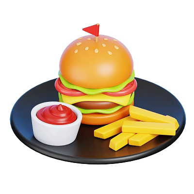 Tasty Juicy Hamburger With Crispy French Fries And Red Ketchup On Black Plate 3d model