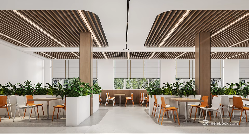 Modern Interior Space With Wooden Slat Ceiling White Blinds Green Plants And Orange Chairs 3d model 