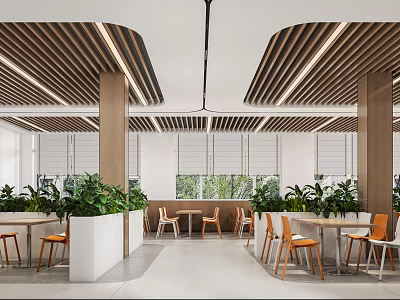 Modern Interior Space With Wooden Slat Ceiling White Blinds Green Plants And Orange Chairs 3d model