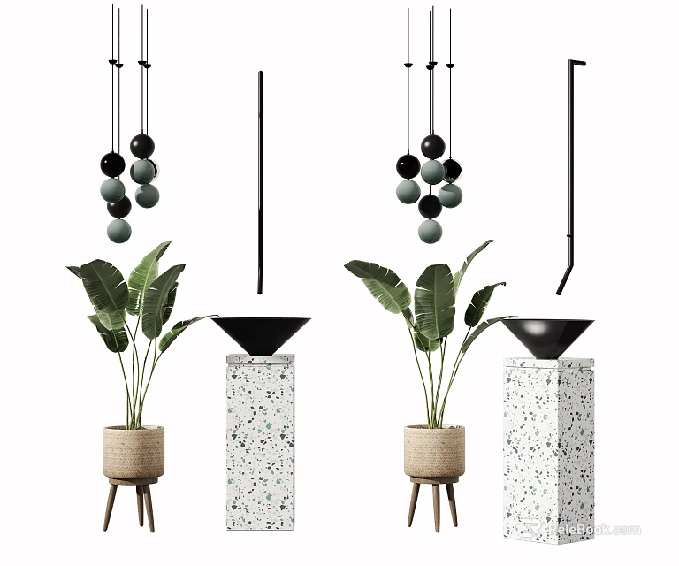 Modern Washbasin with Terrazzo Countertop Green Plants and Hanging Ball Decor 3d model 