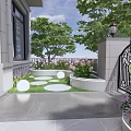 Beautiful Courtyard Garden With Colorful Flowers Round Stone Path Lush Greenery And Outdoor Seating