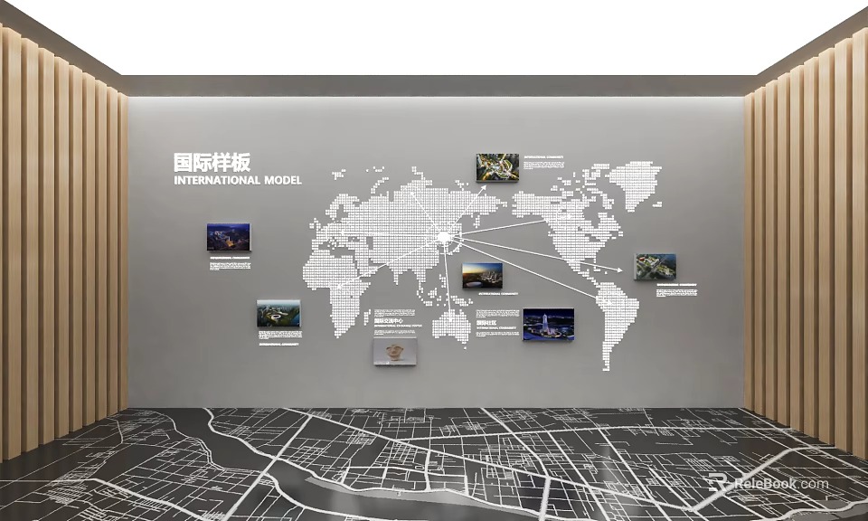 International Model Display With World Map Photos Connecting Lines And City Map 3d model 